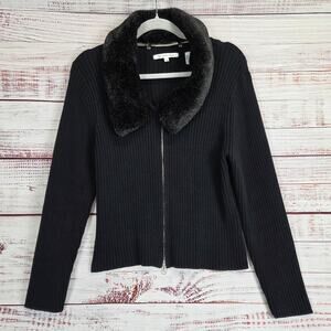 Vtg Ballinger.Gold Black Rib Knit Sweater Zip Jacket XL Faux Fur Neck Parisian